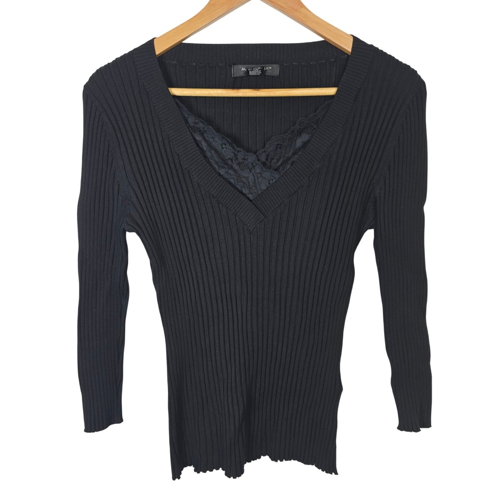August Silk Knits Silk Blend Black Ribbed V-Neck Lace Inset Sweater 3/4 Sleeve L